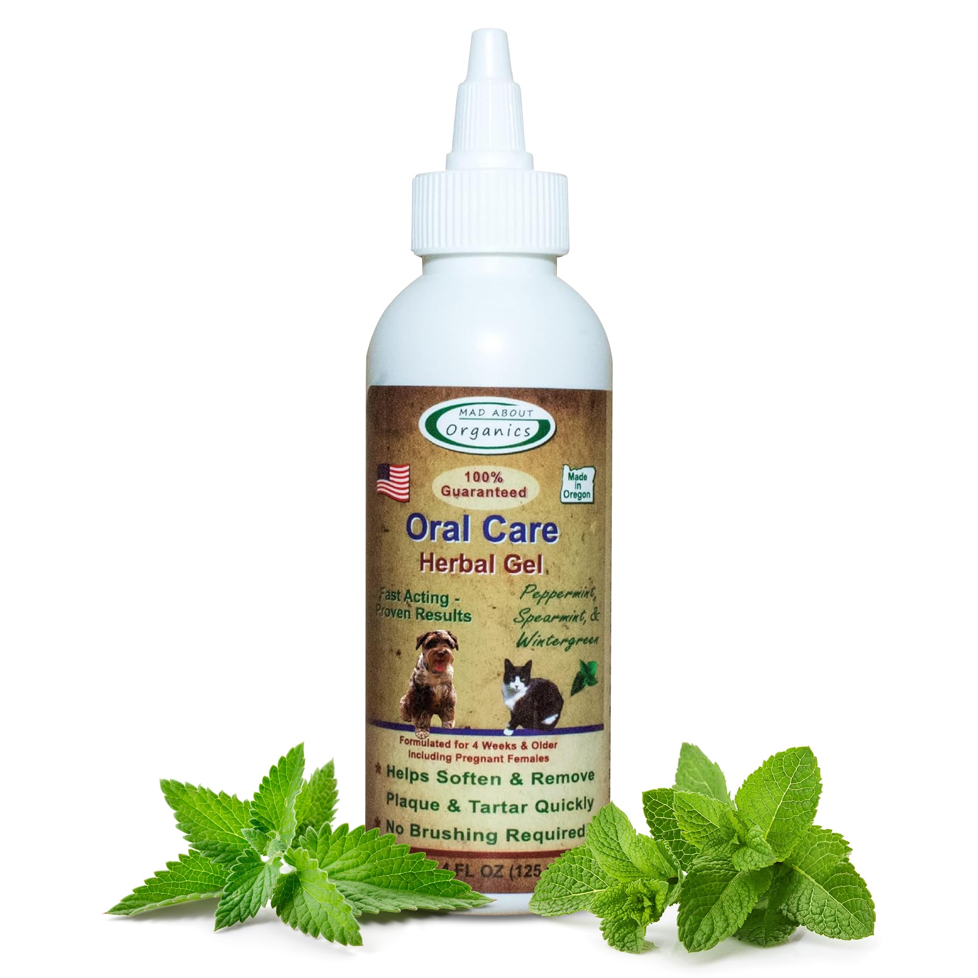 Mad About Organics Herbal Oral Care Gel - Cat and Dog breath freshener, Helps Remove Plaque and Tartar, No Brushing Required, Fast Acting, Promotes Healthy Teeth and Gums - 4oz