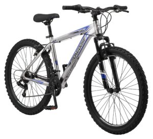 mongoose flatrock 21-speed hardtail mountain bike, 26-inch wheels, for men and women, front suspension, 17-inch lightweight aluminum frame, silver