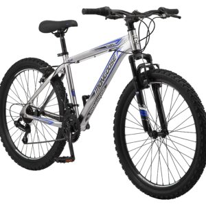 Mongoose Flatrock 21-Speed Hardtail Mountain Bike, 26-Inch Wheels, for Men and Women, Front Suspension, 17-Inch Lightweight Aluminum Frame, Silver