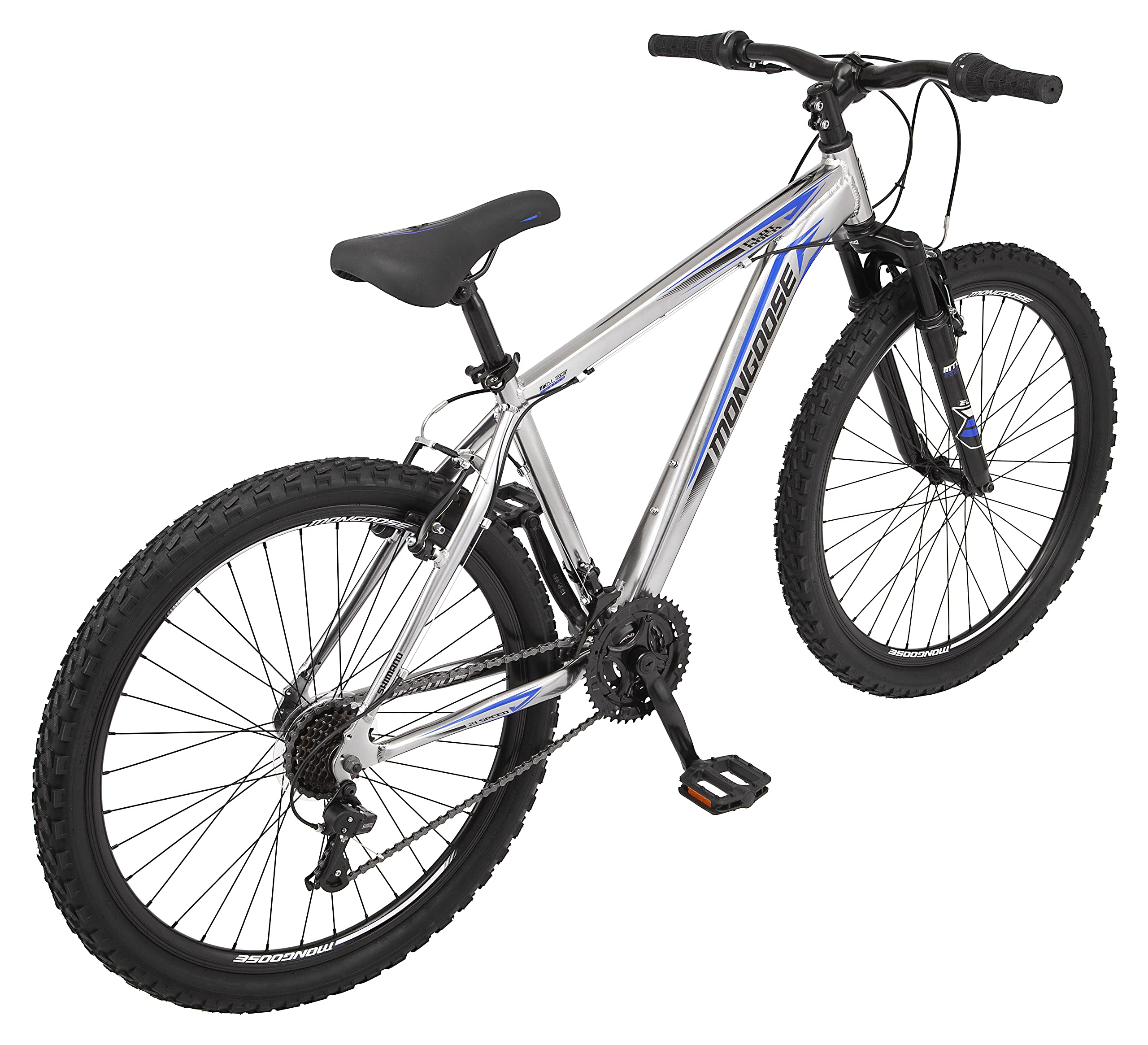 Mongoose Flatrock 21-Speed Hardtail Mountain Bike, 26-Inch Wheels, for Men and Women, Front Suspension, 17-Inch Lightweight Aluminum Frame, Silver