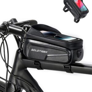 GoldTiger Bike Accessories EVA Hard Shell Bike Frame Bag - Waterproof Mountain Bike Front Top Tube Bag for Phones up to 6.8" with Rain Cover (Top Tube Bag)