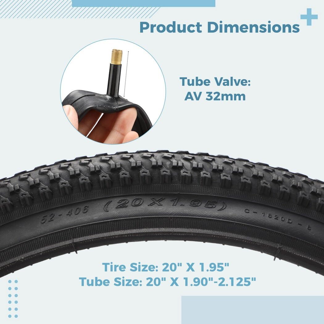 2 PCS Mountain Bike Tires & 2 PCS Bike Tubes, 20” X 1.95” Tires 20” X 1.75”-2.125” AV 32mm Valve Inner Tubes, Puncture-Resistant Bicycle Tires, Bike Replacement for Beach Cruiser Mountain Bikes