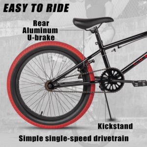 cubsala 18 Inch Big Kids BMX Bicycle Freestyle Bike for Age 5 6 7 8 9 Years Old Boys Girls and Youth Beginners, Black with Red Tires