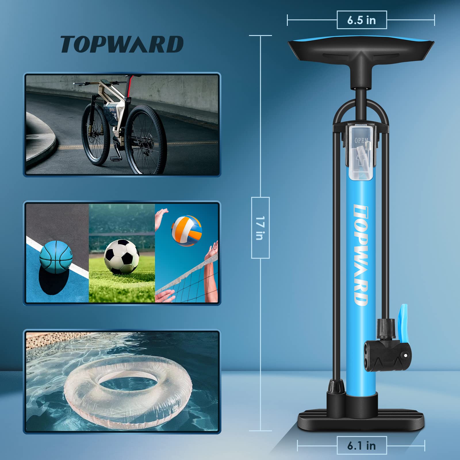 Topward Bicycle Tire Pump Portable, Hand Air Pump for Bike Exercise Balls Inflatables, Fits Presta & Schrader Valve, Bike Floor Pump with Ball Pump Needle for Soccer Volleyball Basketball Inflator