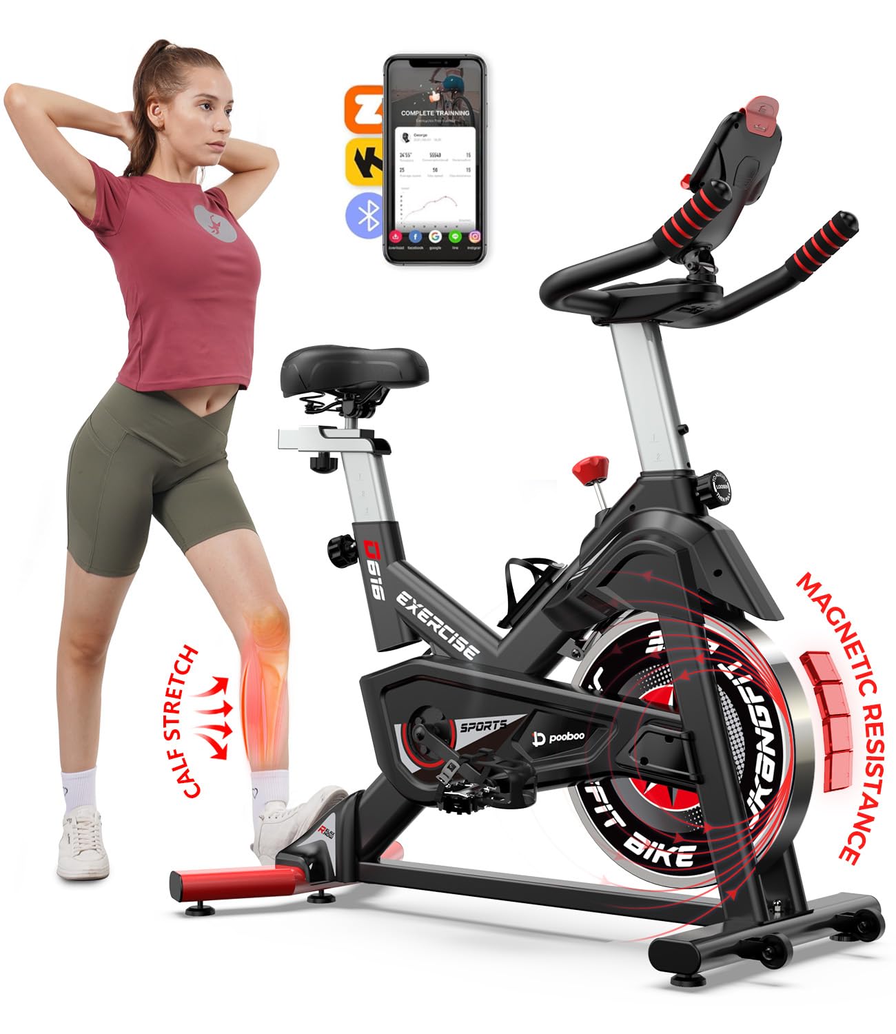 Pooboo Magnetic Exercise Bike Stationary, Indoor Cycling Bike with Built-In Bluetooth Sensor Compatible with Exercise bike apps& Ipad Mount, Comfortable seat and Slant Board, Silent Belt Drive, 350LBS