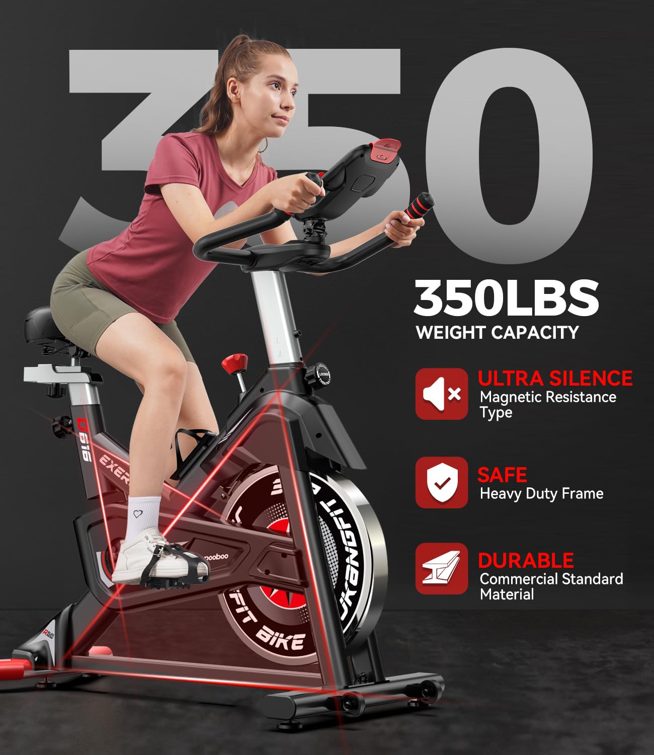 Pooboo Magnetic Exercise Bike Stationary, Indoor Cycling Bike with Built-In Bluetooth Sensor Compatible with Exercise bike apps& Ipad Mount, Comfortable seat and Slant Board, Silent Belt Drive, 350LBS