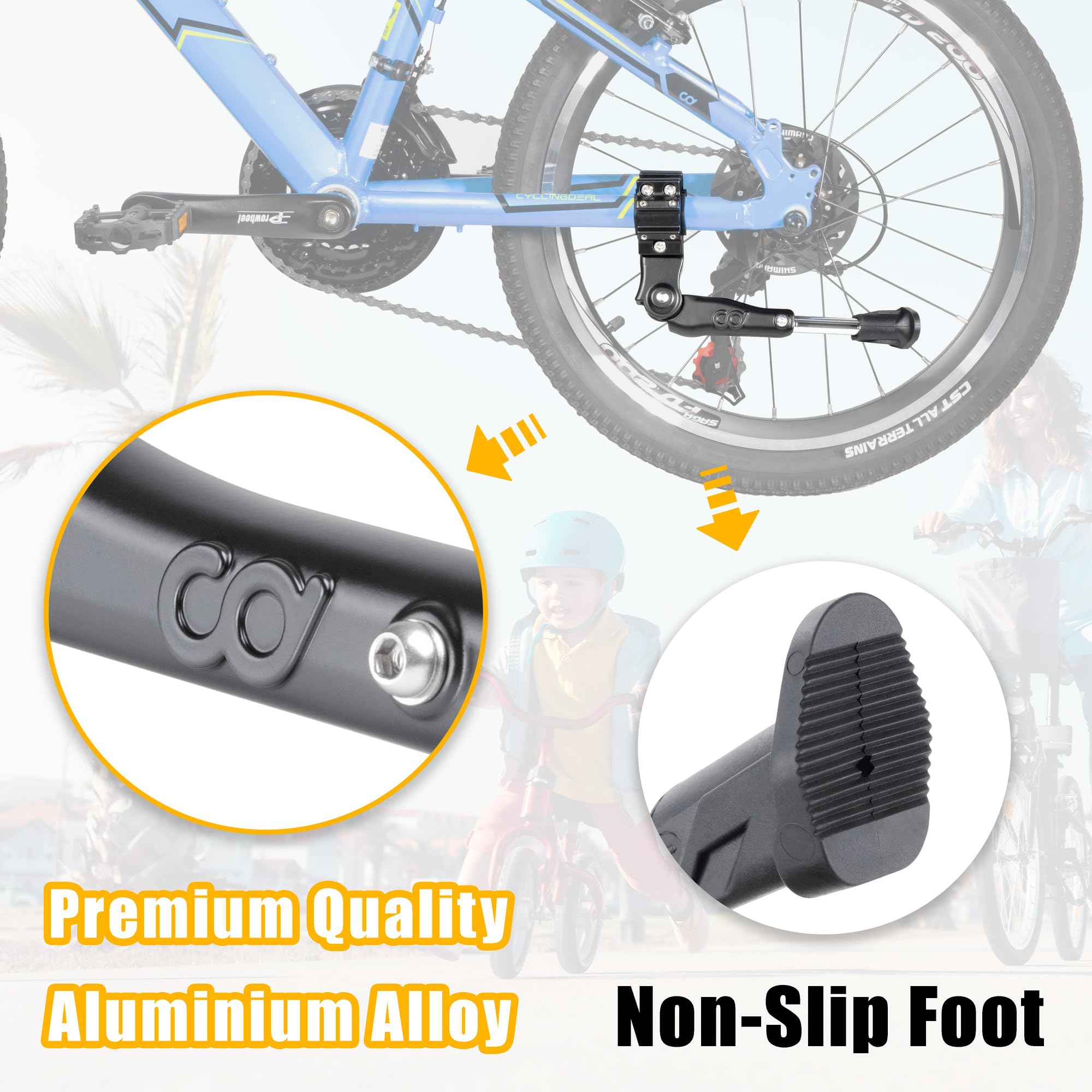 CyclingDeal Bicycle Kickstand for 16" to 20" Kids Bikes, Adjustable Rear Mount Type - Premium Quality Aluminium Alloy with New Clamp Design