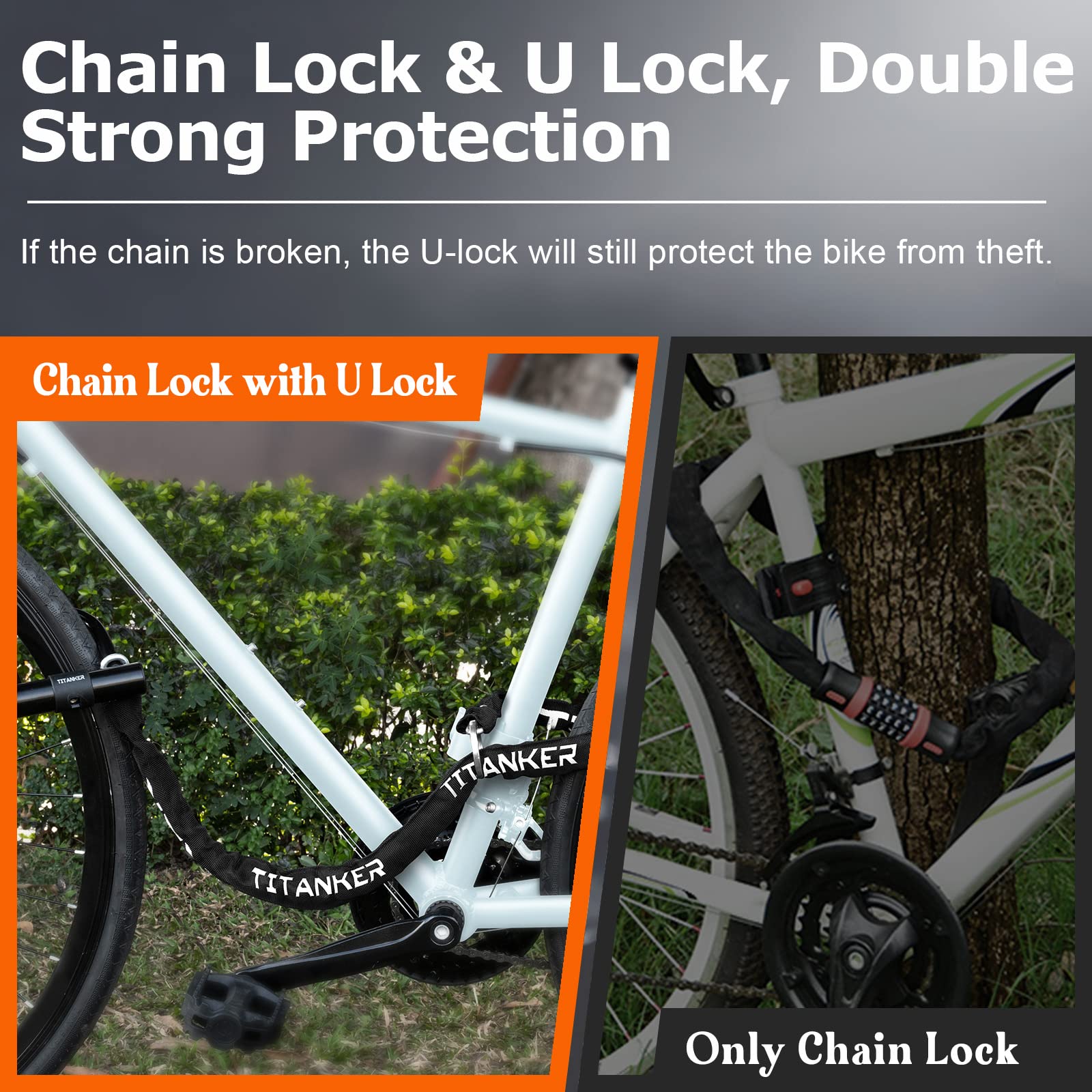 Titanker Bike Chain Lock with U Lock, 3 Feet Bicycle Chain Locks with 2 Keys, 6mm Thick Chain Lock with 14mm Thick Heavy Duty U Lock Anti-Theft Bike Lock for Bicycles, Motorbikes, Mopeds, Scooters