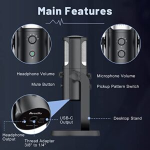 Angetube USB Microphone for PC Mac PS5 PS4, Computer Recording Condenser Mic for Gaming, Streaming, Podcasting, 4 Pickup Patterns, Mic Gain Control & Mute Button Headphone Monitoring Port Plug & Play