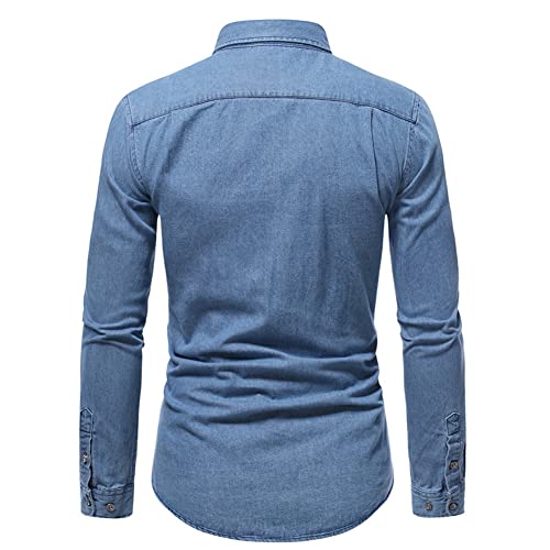 Mens Designer Jeans Shirt Vintage Long Sleeve Soft Cotton Two Pockets Denim Shirts C214-Light Blue XL