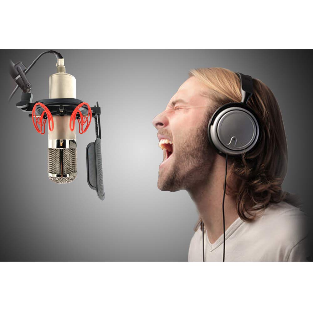 SUUNTOK Microphone Shock Mount with Pop Filter Universal Shock Stand for Microphones Size at 21-62mm Anti-Vibration Mic Holder Clip Compatible with AT2020 MXL 990 770 Rode NT1-A Neumann 103(Red)