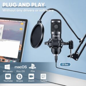 USB Microphone, Professional 192kHz/24Bit Plug & Play PC Computer Condenser Cardioid Mic Kit with Sound Advanced Chipset, for Streaming, Podcast, Studio Recording and Games