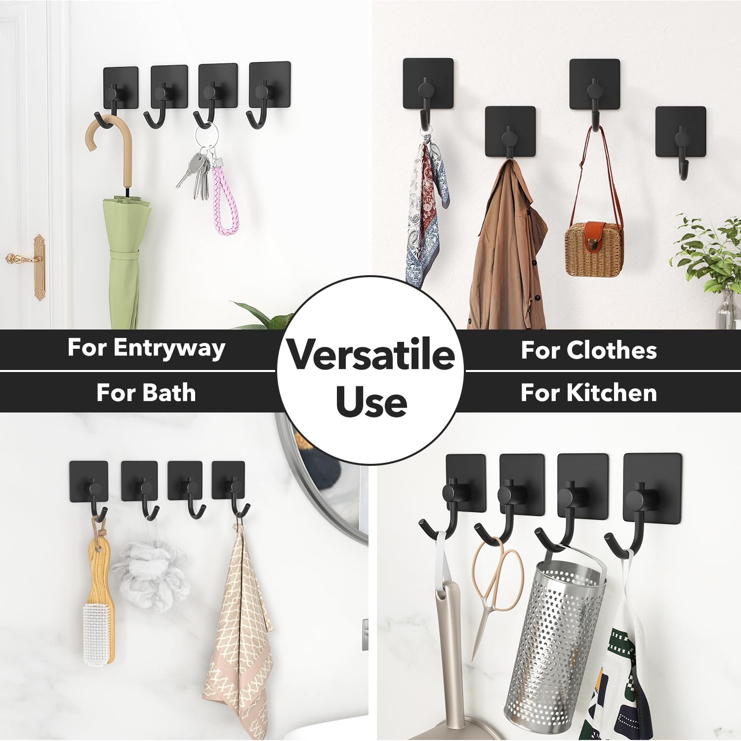 Self Adhesive Wall Hooks for Hanging: Stick-On Hooks Hold 13 LB, Black Coat Hook,Towel Hooks For Bathrooms,Shower Hooks for Wall,Door Hooks Hanging Towel, Kitchen Hook,Metal hooks for hanging,8 Pack