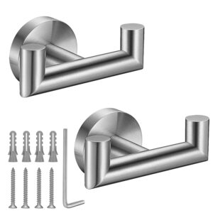 towel hooks for bathrooms,brushed nickel towel hook for kitchen bathroom,sus304 stainless steel coat hook,heavy duty double holder robe hooks for hanging towels,coats,sponges,clothes,wall mount,2 pack