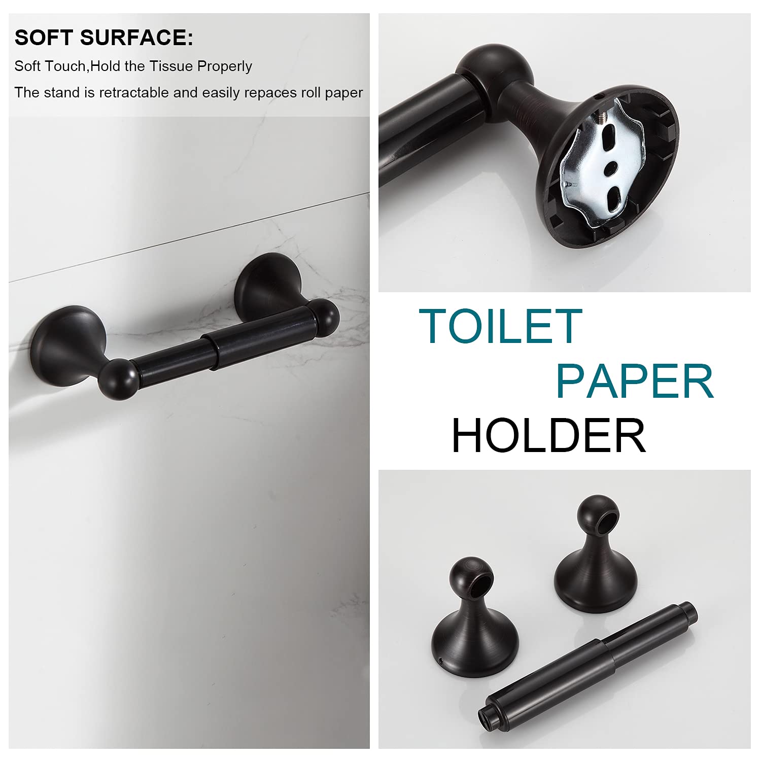 BGL Bathroom Hardware Set, Oil-Rubbed Bronze Adjustable Expandable Towel Bar 4-Piece ORB Bathroom Accessory Set Wall Mounted Robe Hook Toilet Paper Holder Towel Ring Towel Bar