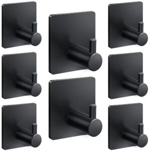 xdgeload adhesive towel hooks for bathroom, adhesive heavy duty towel hooks 8 pack, towel holders for hanging/bathroom/kitchen/robe, black stainless steel matte towel wall hooks without punching