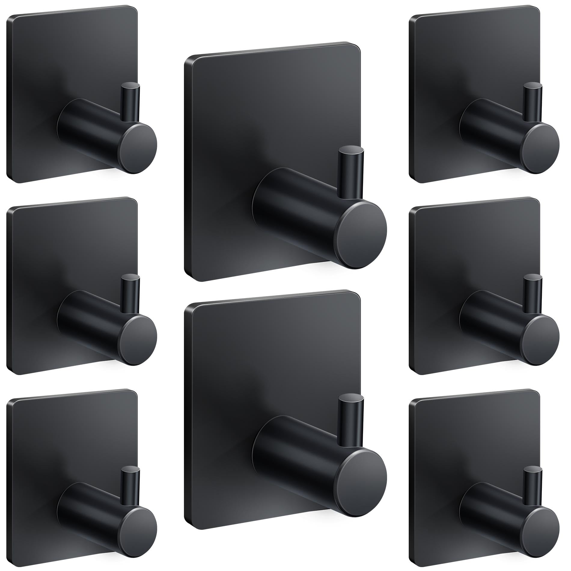 xdgeLoad Adhesive Towel Hooks for Bathroom, Adhesive Heavy Duty Towel Hooks 8 Pack, Towel Holders for Hanging/Bathroom/Kitchen/Robe, Black Stainless Steel Matte Towel Wall Hooks without Punching