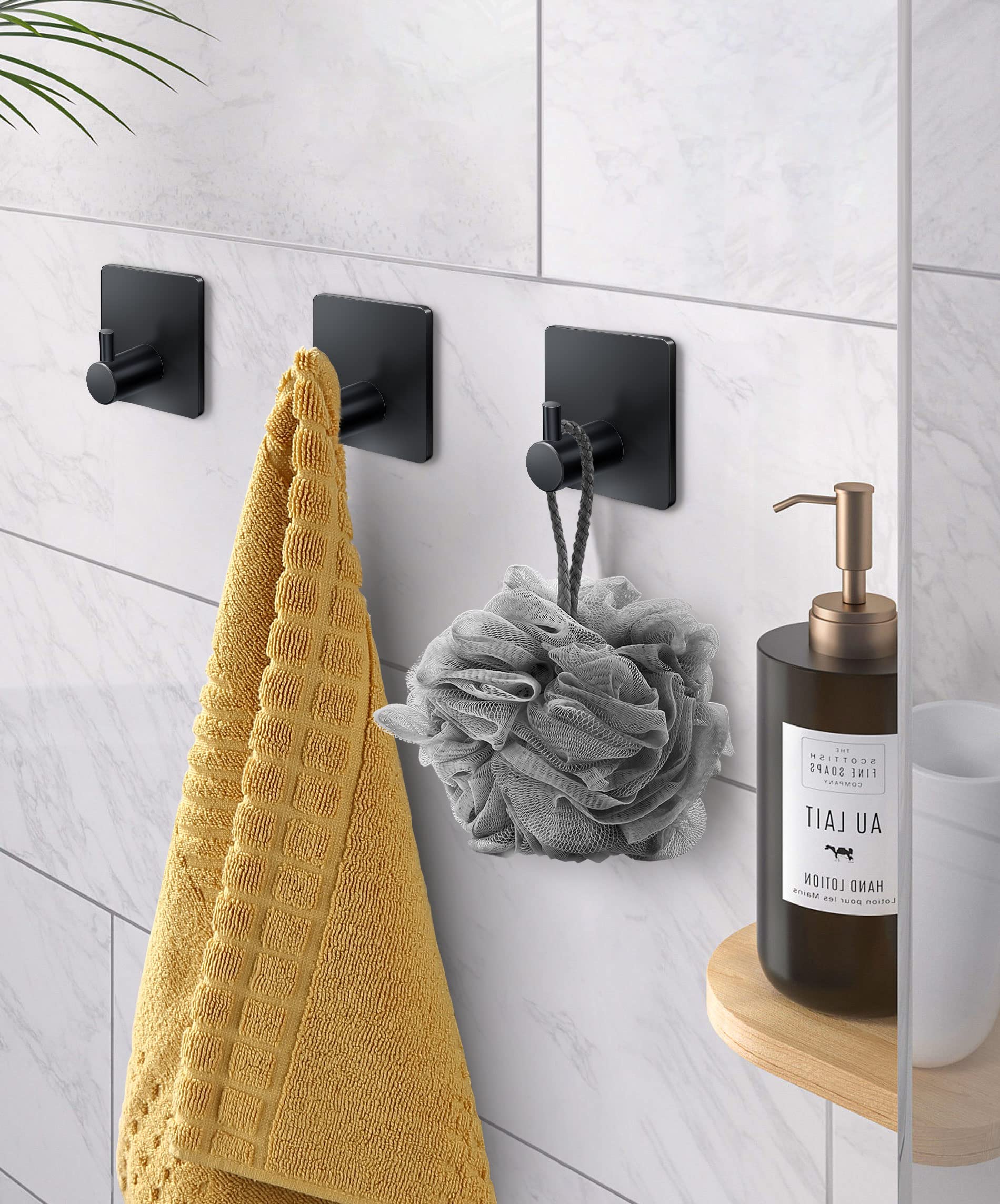 xdgeLoad Adhesive Towel Hooks for Bathroom, Adhesive Heavy Duty Towel Hooks 8 Pack, Towel Holders for Hanging/Bathroom/Kitchen/Robe, Black Stainless Steel Matte Towel Wall Hooks without Punching