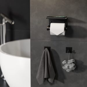 Tindbea Toilet Paper Holder with Phone Shelf + Towel Robe Hooks, Adhesive or Screw Wall Mounted Toilet Paper Roll Storage, Stainless Steel Bathroom Tissue Roll Holder (Matte Black)