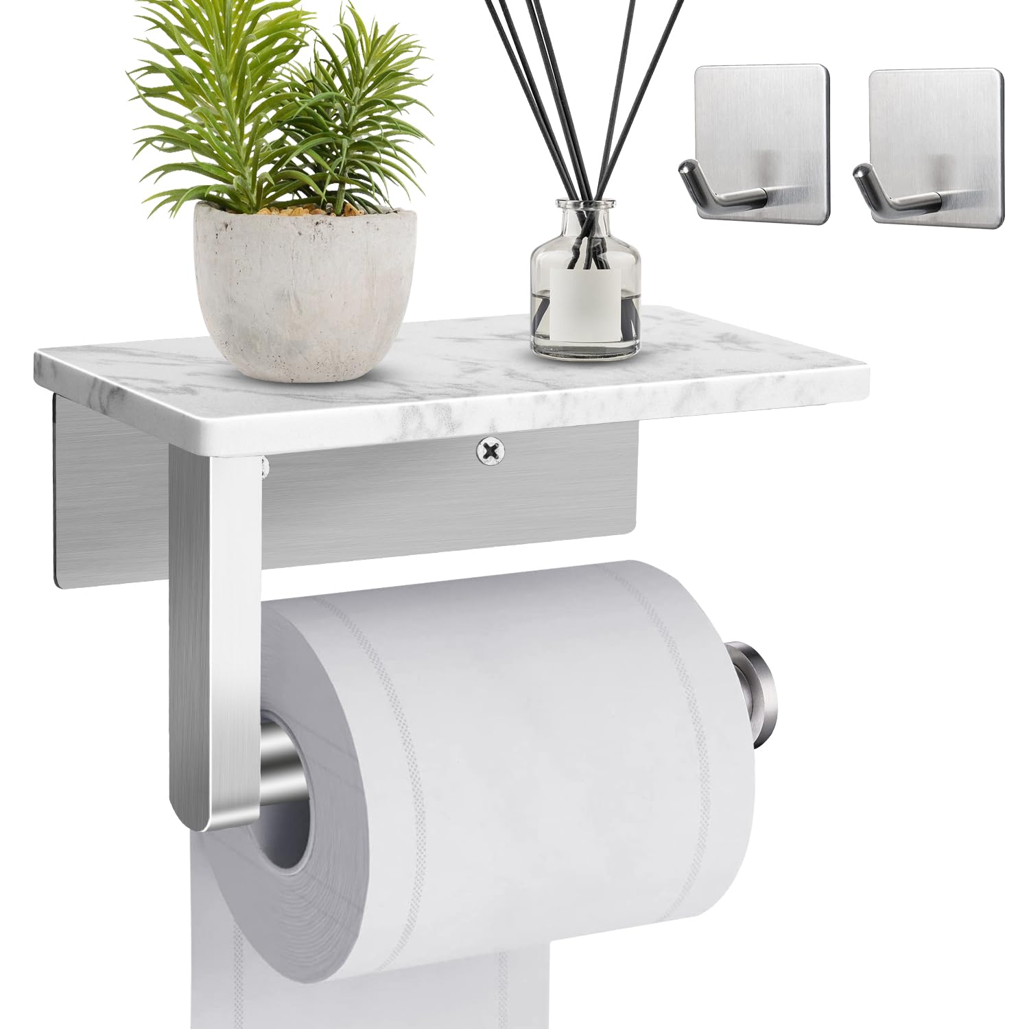 Hronta Toilet Paper Holder with Marble Shelf, SUS304 Stainless Steel Wall Mounted Toilet Paper Holder and 2PCS Adhesive Hooks for Bathroom Washroom, Marble Top Toilet Paper Holder Brushed Nickel