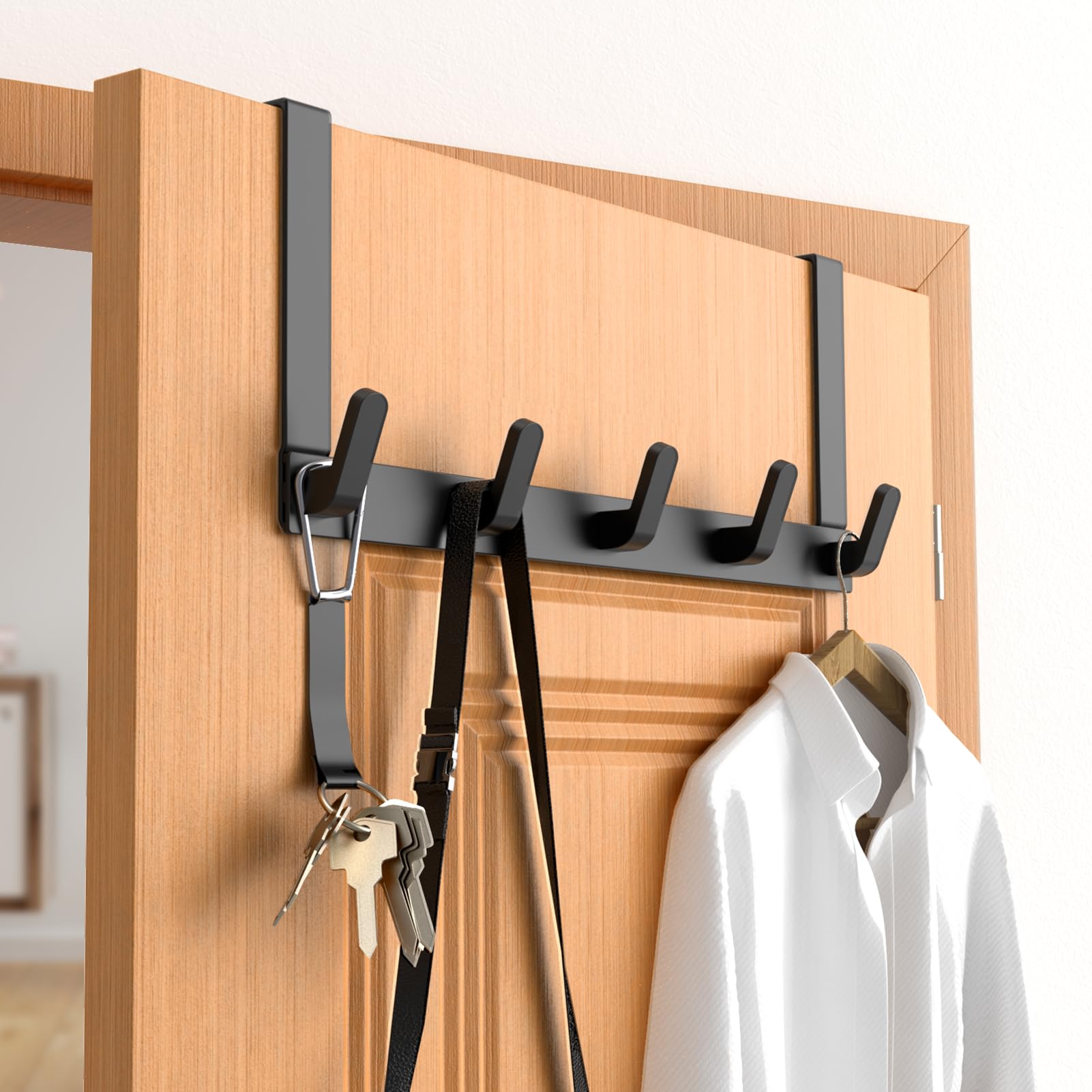 CHAUNCEY HOME Over The Door Hooks Hanger with Extended Arms - Bathroom Accessories and Towel Rack Organizer Holder for Coat Robe Hat - 1 Pack, Black