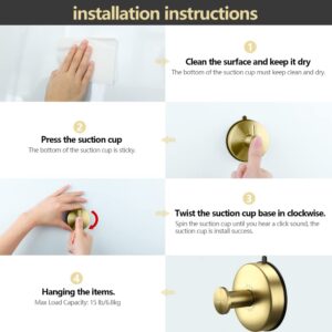 DGYB Suction Cup Hooks for Shower Set of 4 Gold Towel Hooks for Bathrooms Waterproof Stainless Shower Hooks for Inside Shower 15 Lb Bathroom Hooks for Towels