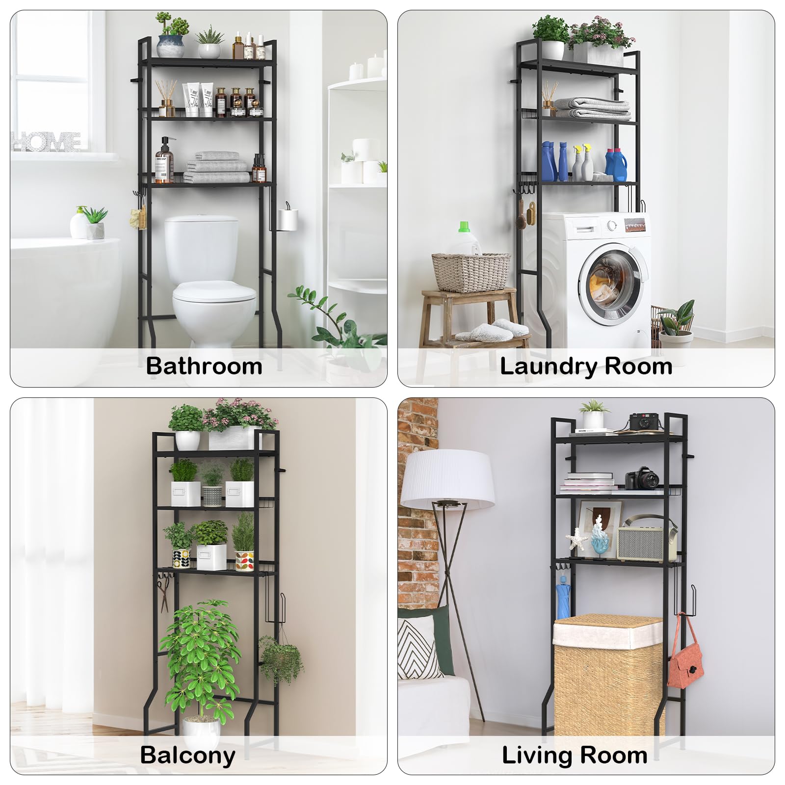 YBING Over The Toilet Rack 3 Tier Bathroom Shelf Over Toilet Storage Organizer Freestanding above Toilet Storage Rack with Metal Frame and Hook Bathroom Stand and Space Saver Shelf,Black