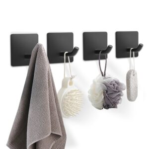 iBath 4-Packs Adhesive Towel Hooks, sus304 Stainless Steel Traceless Wall Hooks Bathroom or Kitchen, for Hanging coat, hat, towel (Matte Black)