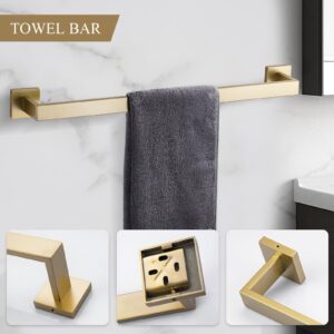 TURS 5-Pieces Bathroom Hardware Set Brushed Gold Towel Bar Set Include Single Towel Bar 2 Towel Rings Toilet Paper Holder and Towel Hook, Stainless Steel Towel Holder Set Wall Mount