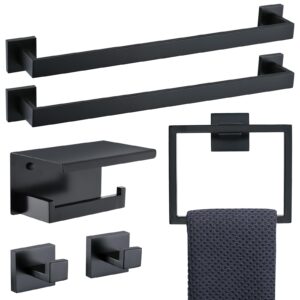 tnoms 6-piece black bathroom hardware set 23.6 inch towel bar set double towel bar towel ring coat hook and toilet paper holder with shelf wall mounted stainless steel bathroom accessories set