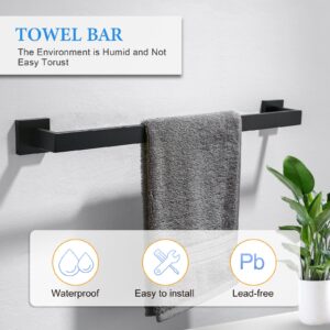 TNOMS 6-Piece Black Bathroom Hardware Set 23.6 Inch Towel Bar Set Double Towel Bar Towel Ring Coat Hook and Toilet Paper Holder with Shelf Wall Mounted Stainless Steel Bathroom Accessories Set