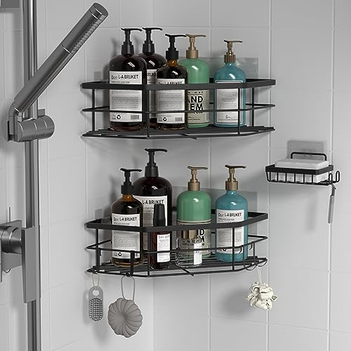 Gaclibl Corner Shower Caddy Replacement Adhesive Strips, 4Pcs Clear Wall Hooks for Hanging Organizer Shelves, Waterproof Plastic Sticky Pads for Bath Tile Inside Bathroom Kitchen, Flat 2 Hooks