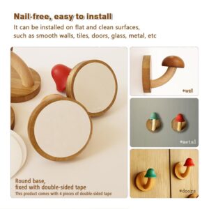 Auntzyj Fun Wooden Mushroom Coat Hook, Non-Perforated Solid Wood Hook, Kitchen Bathroom Cloakroom Door Hook (Red,4 pcs)