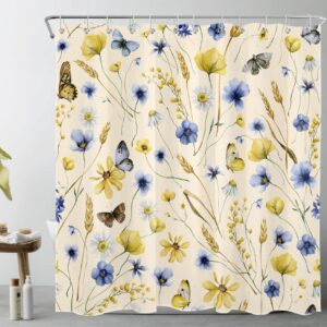 lb vintage plant wildflower shower curtain for bathroom, blue and yellow floral with butterfly on beige fabric shower curtain with hooks, farmhouse botanical bathroom curtain shower set, 72"w x 72"l