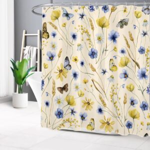 LB Vintage Plant Wildflower Shower Curtain for Bathroom, Blue and Yellow Floral with Butterfly on Beige Fabric Shower Curtain with Hooks, Farmhouse Botanical Bathroom Curtain Shower Set, 72"W x 72"L