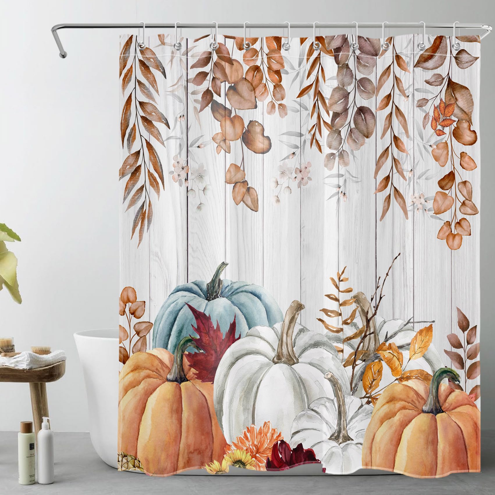 LB Fall Pumpkin Shower Curtain for Bathroom, Brown Autumn Eucalyptus Leaf with Flower on Vintage Grey Wood Fabric Shower Curtain with Hooks, Farmhouse Plant Bathroom Curtain Shower Set, 60" W x 72" L