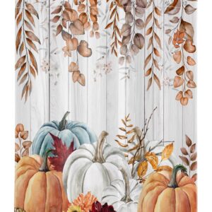 LB Fall Pumpkin Shower Curtain for Bathroom, Brown Autumn Eucalyptus Leaf with Flower on Vintage Grey Wood Fabric Shower Curtain with Hooks, Farmhouse Plant Bathroom Curtain Shower Set, 60" W x 72" L