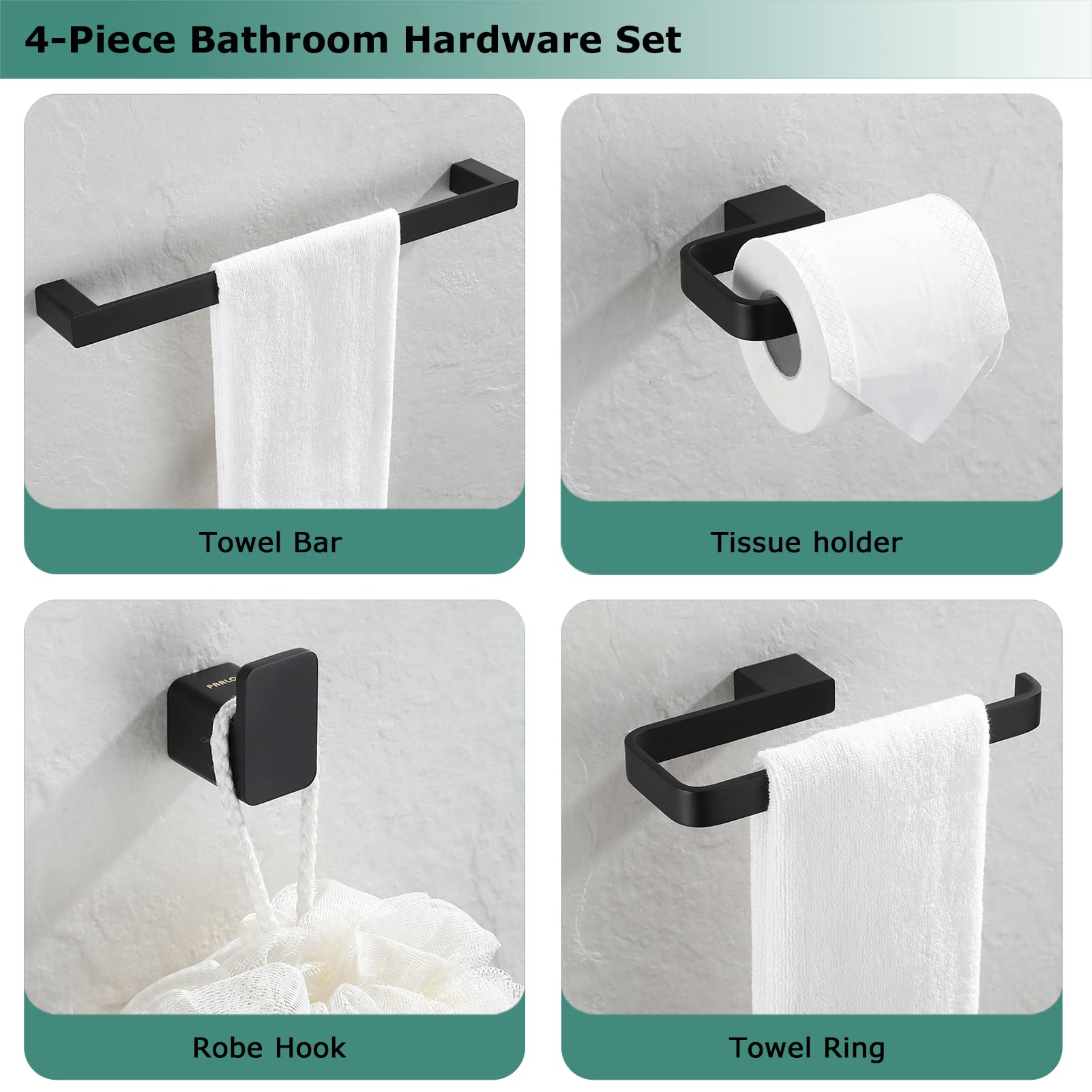 4-Pieces Brass Matte Black Bathroom Hardware Set Includes Towel Ring, Towel Bar, Toilet Paper Holder and Robe Hook