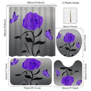 Planially 4Pcs Purple Rose Flower Shower Curtain Sets,Rose Flower Bathroom Sets with Shower Curtain, Toilet Lid Rug, Contour Mat and Bath Mat, 12 Hooks for Bathroom Set Decor,72 * 72In