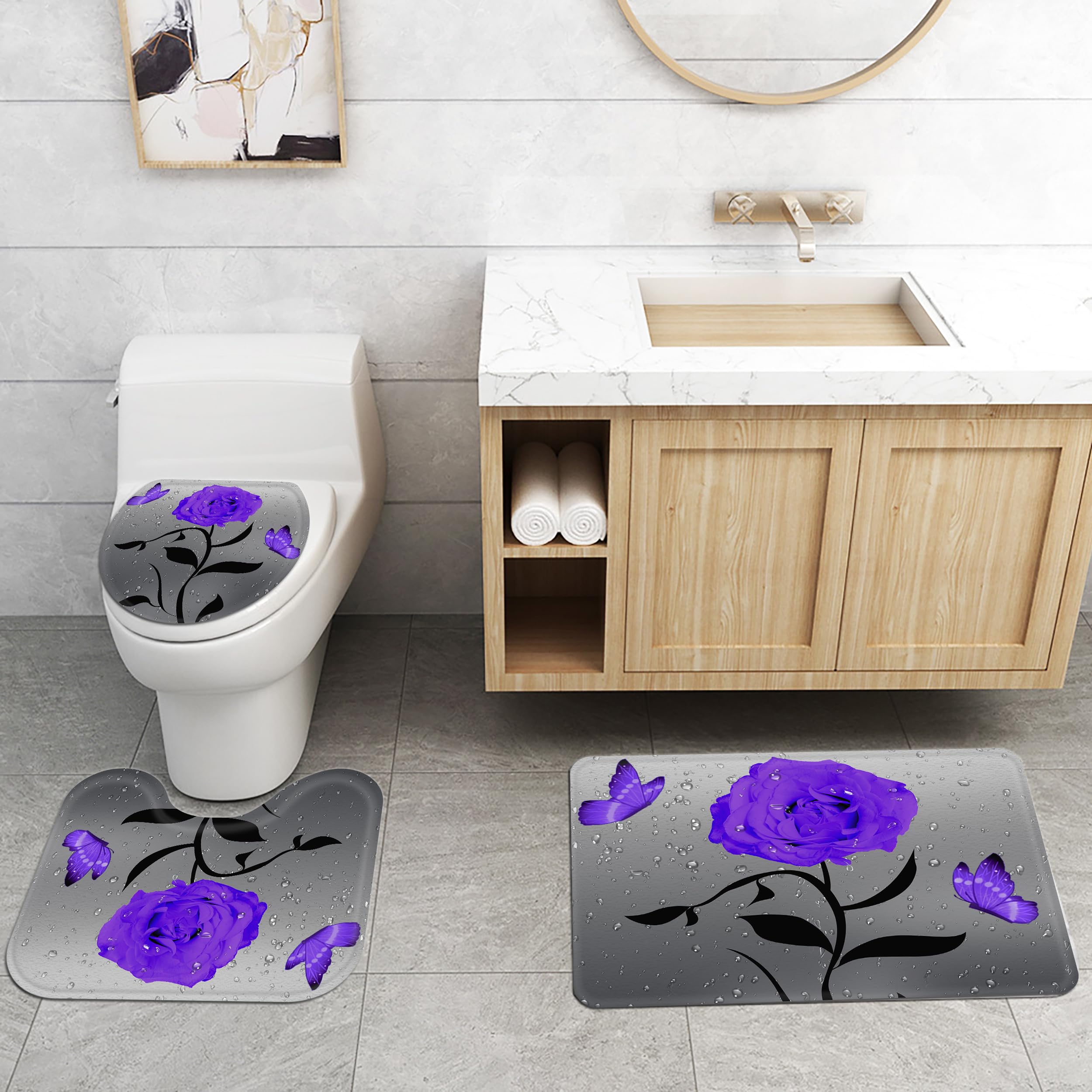 Planially 4Pcs Purple Rose Flower Shower Curtain Sets,Rose Flower Bathroom Sets with Shower Curtain, Toilet Lid Rug, Contour Mat and Bath Mat, 12 Hooks for Bathroom Set Decor,72 * 72In