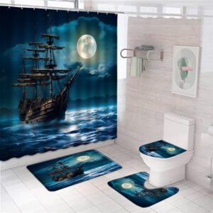 QWRSMYX 4Pcs Pirate Ship Shower Curtain Set Nautical Sailboat Sailing Ocean Adventure Full Moon Cloudy Night Sky Bathroom Toilet Lid Cover Rugs with 12 Hooks