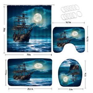 QWRSMYX 4Pcs Pirate Ship Shower Curtain Set Nautical Sailboat Sailing Ocean Adventure Full Moon Cloudy Night Sky Bathroom Toilet Lid Cover Rugs with 12 Hooks