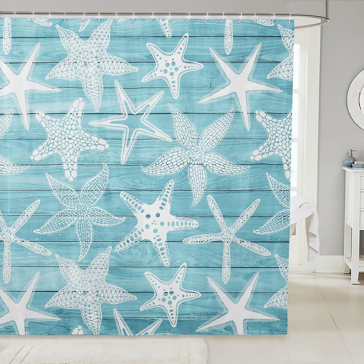 Coastal Sea Creature Shower Curtains,Farmhouse Blue Wooden Stripes Bath Curtain,Starfish Cloth Fabric Bathroom Decor Set with Hooks,78" Long