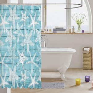 Coastal Sea Creature Shower Curtains,Farmhouse Blue Wooden Stripes Bath Curtain,Starfish Cloth Fabric Bathroom Decor Set with Hooks,78" Long