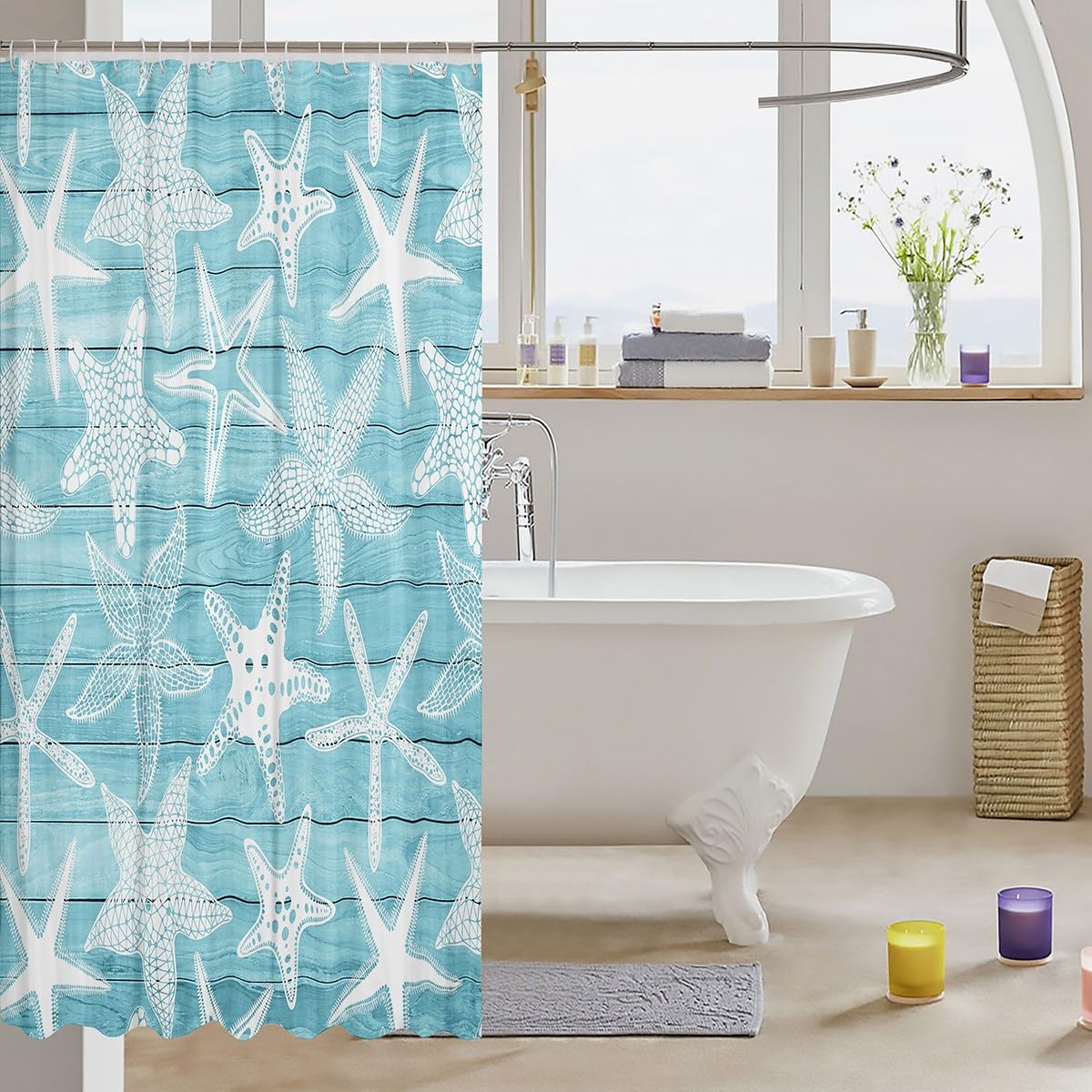 Coastal Sea Creature Shower Curtains,Farmhouse Blue Wooden Stripes Bath Curtain,Starfish Cloth Fabric Bathroom Decor Set with Hooks,78" Long