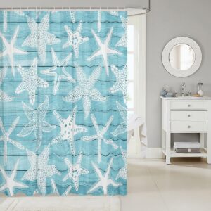 Coastal Sea Creature Shower Curtains,Farmhouse Blue Wooden Stripes Bath Curtain,Starfish Cloth Fabric Bathroom Decor Set with Hooks,78" Long