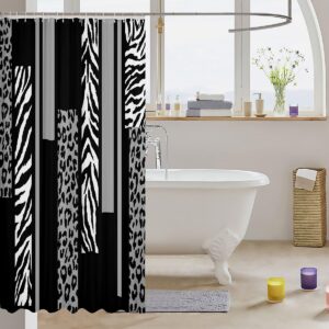 Leopard Print Shower Curtains,Cheetah Zebra Skin Geometric Patchwork Bathroom Curtains,Girls Women Room Decor,Rustic Farmhouse Black White Grey Fashion Waterproof Curtains,12 Hooks Suits,72"W x 72"L