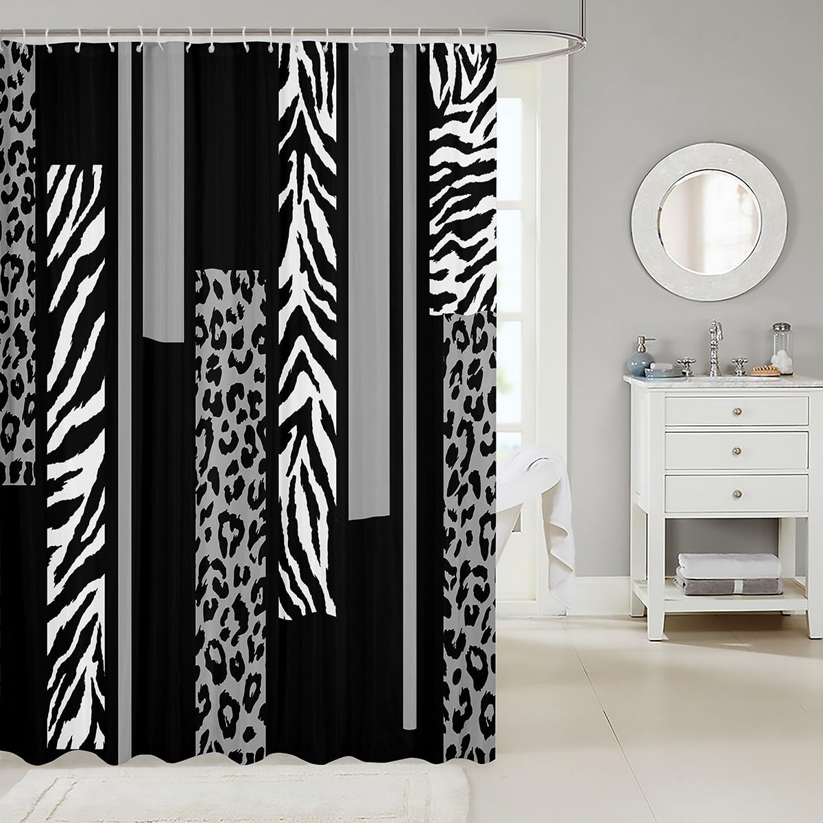 Leopard Print Shower Curtains,Cheetah Zebra Skin Geometric Patchwork Bathroom Curtains,Girls Women Room Decor,Rustic Farmhouse Black White Grey Fashion Waterproof Curtains,12 Hooks Suits,72"W x 72"L