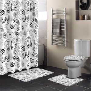 minimalist football bathroom set with shower curtain and rug and accessories,66x72 inches long bathtub curtain with small bath mat,bathtub floor runner rug set,12 hooks sports theme black white