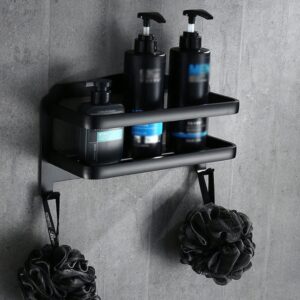 BAHELS Shower Caddy Bathroom Shelf, Aluminum Shower Shampoo Soap Cosmetic Corner Shelves, Bathroom Storage Organizer Rack, Black Matte With Hooks Shelf Bathroom Organizer